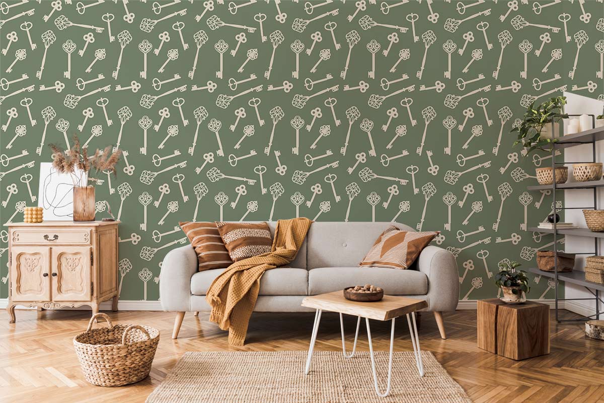 Vintage Key Pattern Wallpaper in sage green, classic sofa, parquet flooring, chic living room setting.