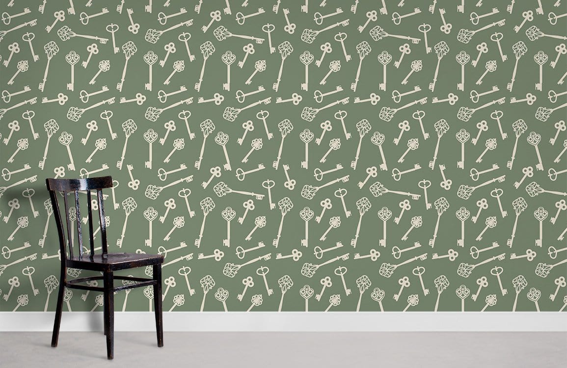 Vintage key pattern wallpaper in sage green, classic chair, light grey flooring, elegant interior style.