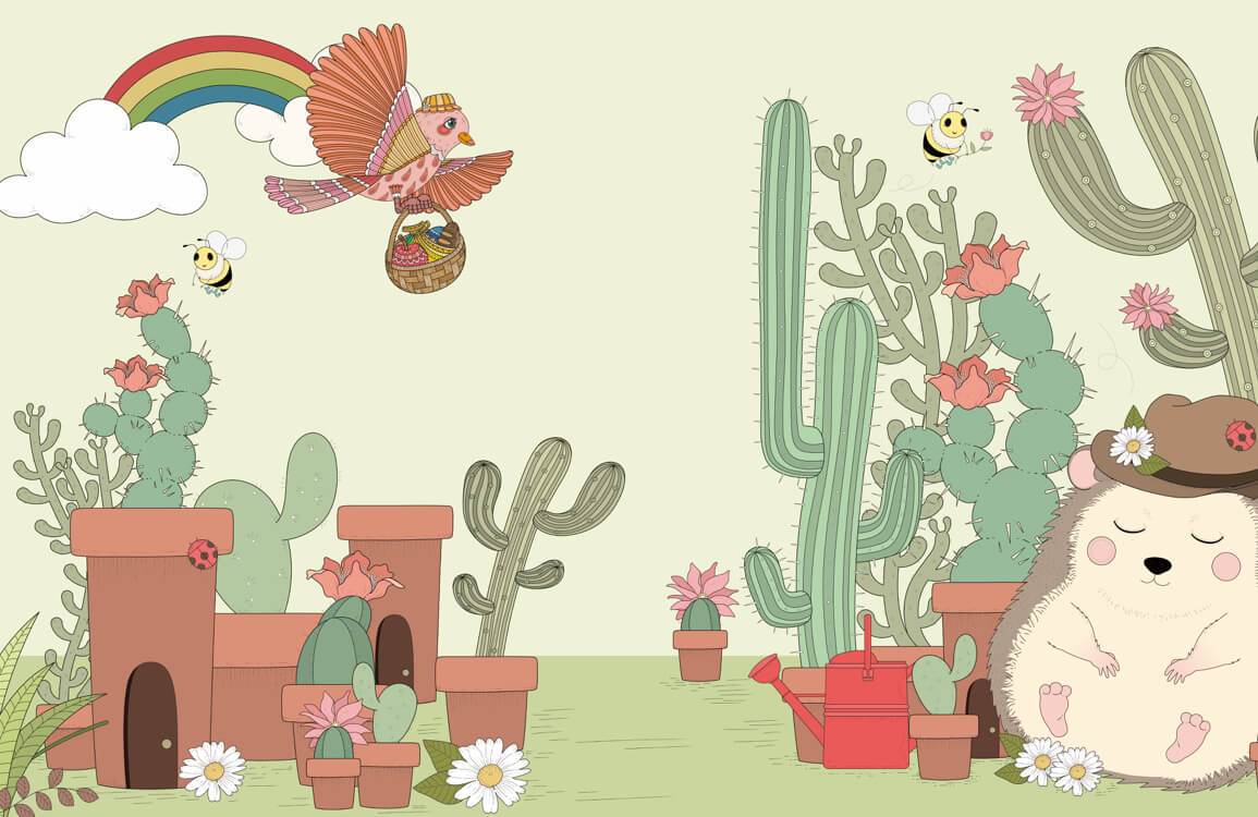 Charming Desert Adventure Kids Wallpaper with Hedgehog and Cacti in Pastel Shades