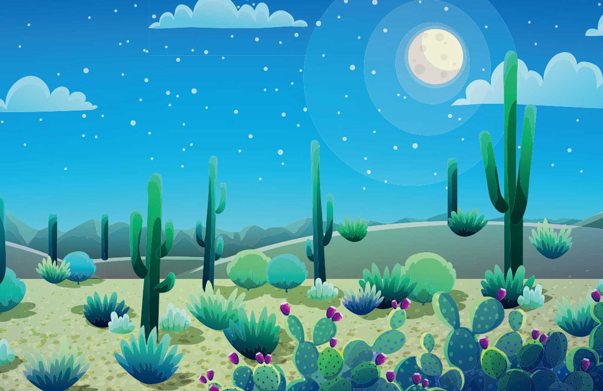 Moonlit Cactus Desert Landscape Mural Wallpaper - Blue Night Sky Theme
