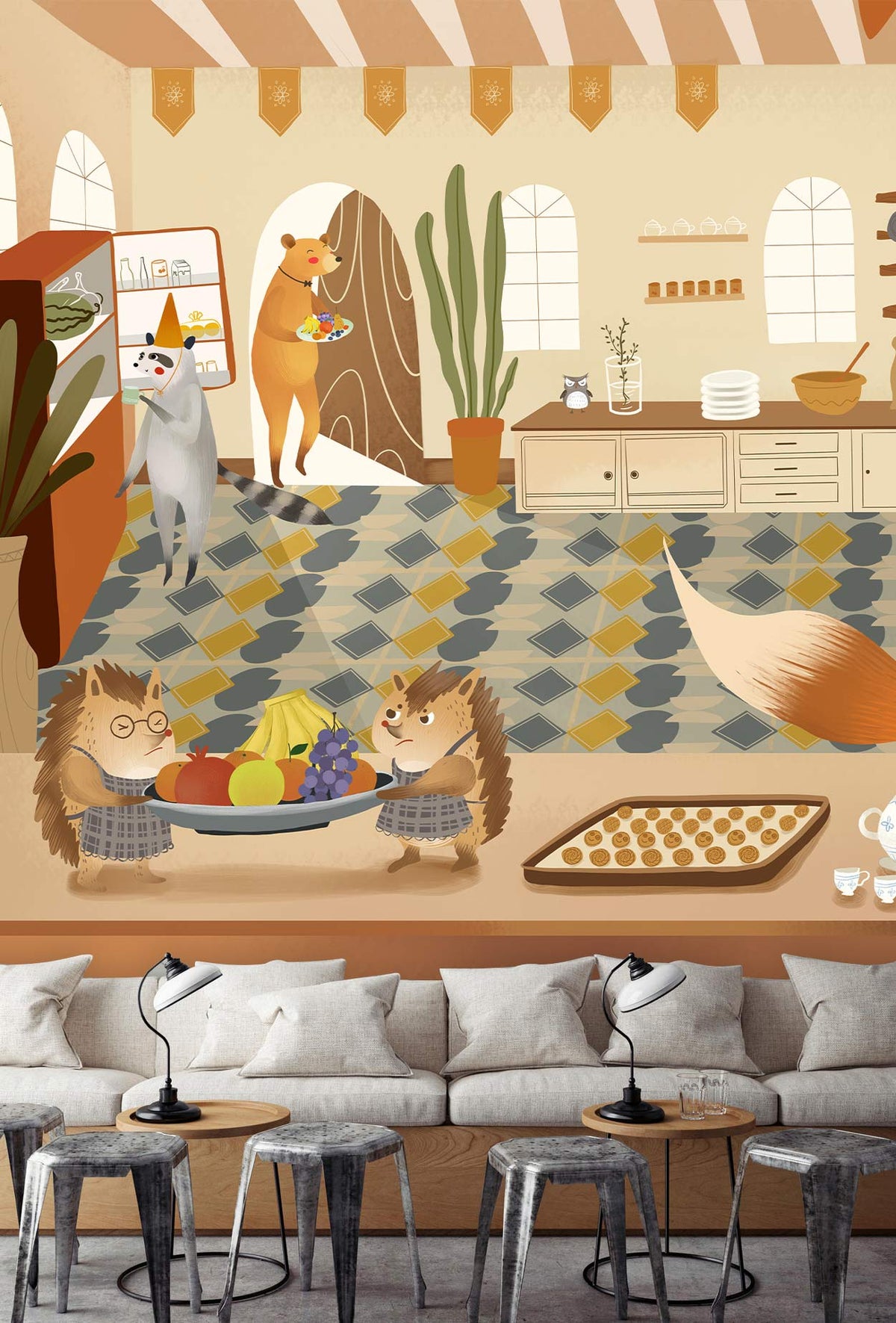 Charming Woodland Creatures kitchen mural wallpaper, warm autumn colours, beige sofa, rustic kitchen decor.