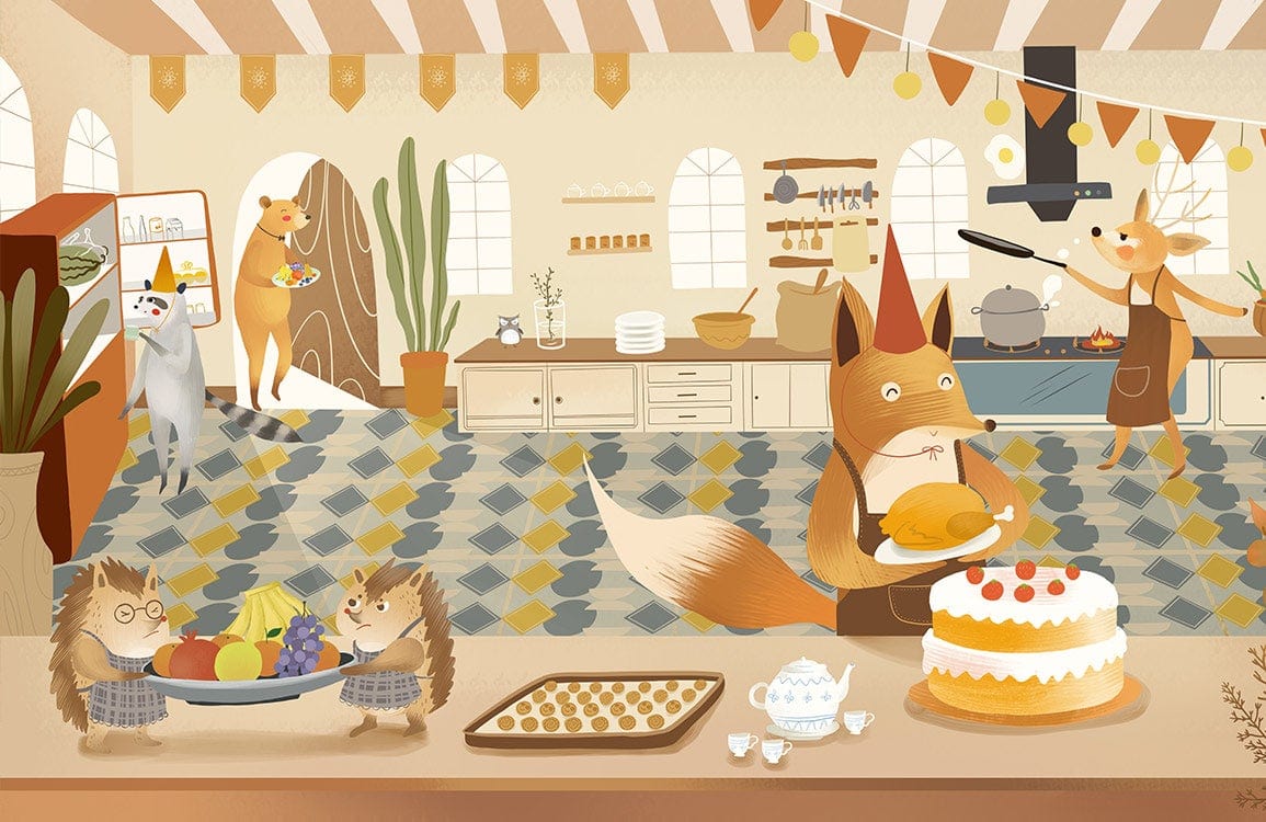 Charming Woodland Creatures Kitchen Mural Wallpaper in Warm Autumn Colours