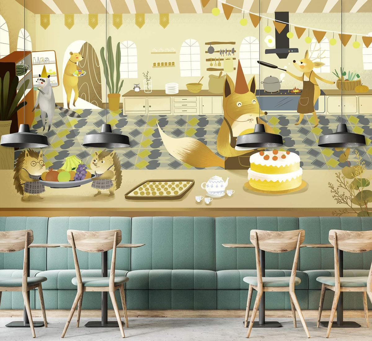 Whimsical Woodland Animal Bakery Mural, soft yellow tones, teal sofa, wood chairs, light wood flooring.