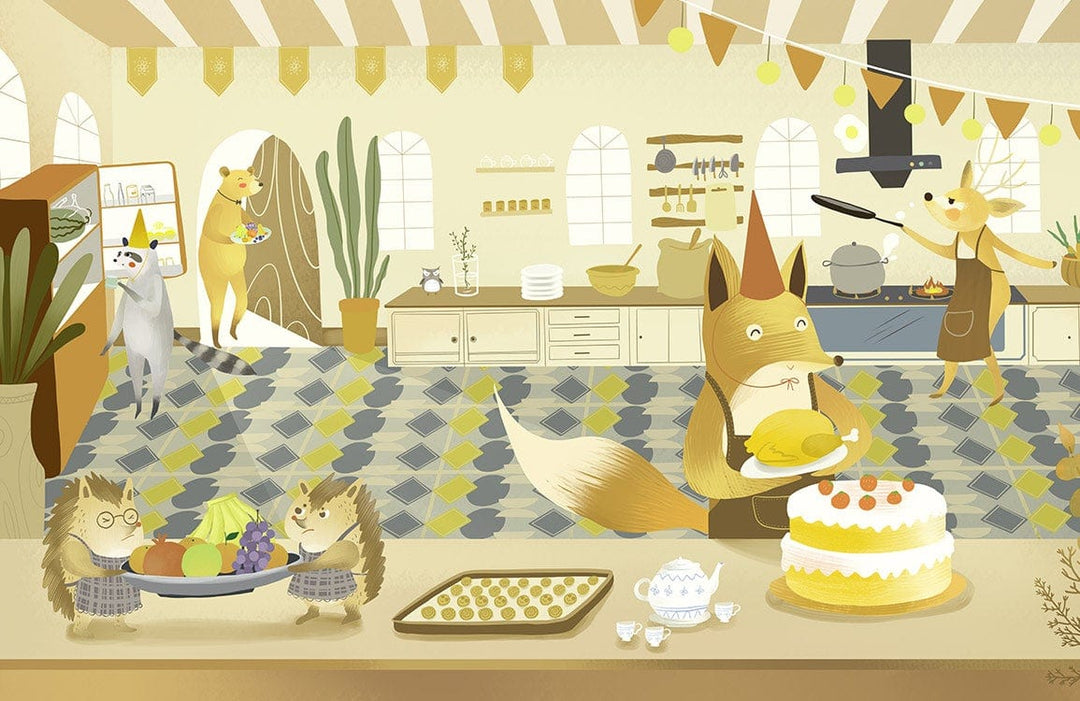 Whimsical Woodland Animal Bakery Mural in Soft Yellow Tones Wallpaper