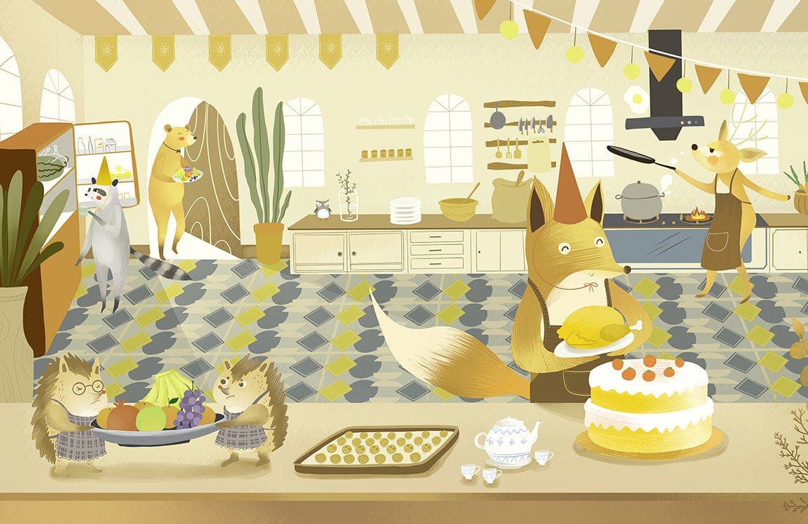 Whimsical Woodland Animal Bakery Mural in Soft Yellow Tones Wallpaper