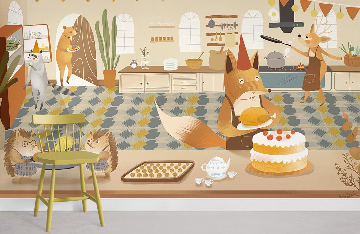 Charming woodland creatures mural wallpaper in warm autumn colours, kitchen setting, green chair, patterned floor.
