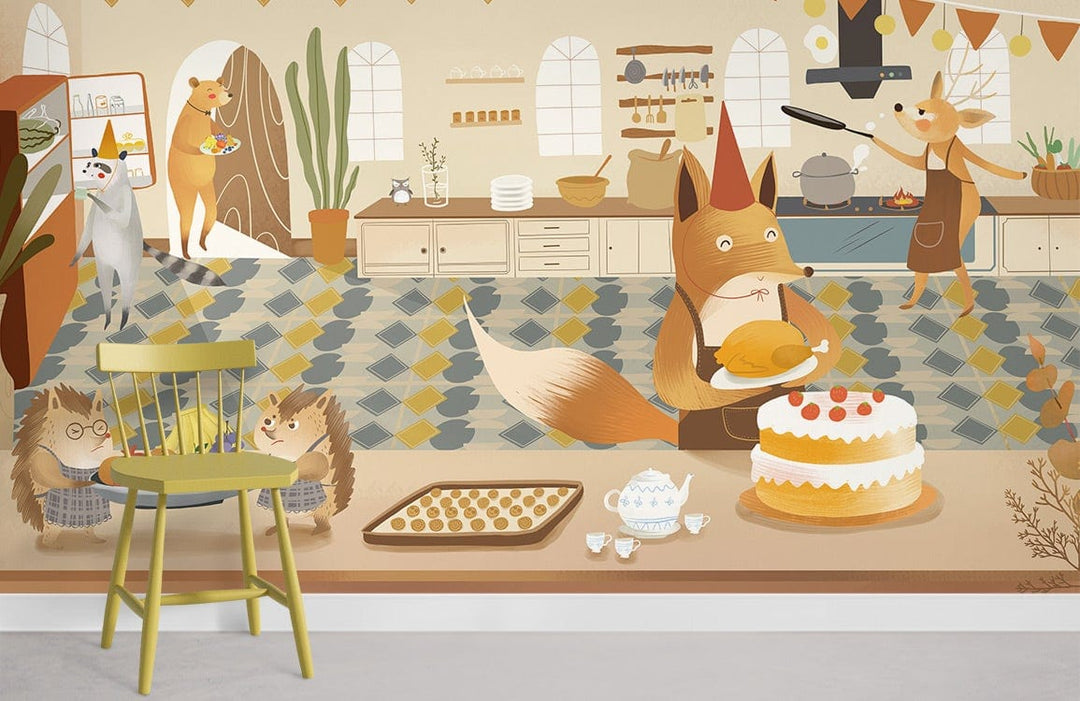 Charming woodland creatures mural wallpaper in warm autumn colours, kitchen setting, green chair, patterned floor.