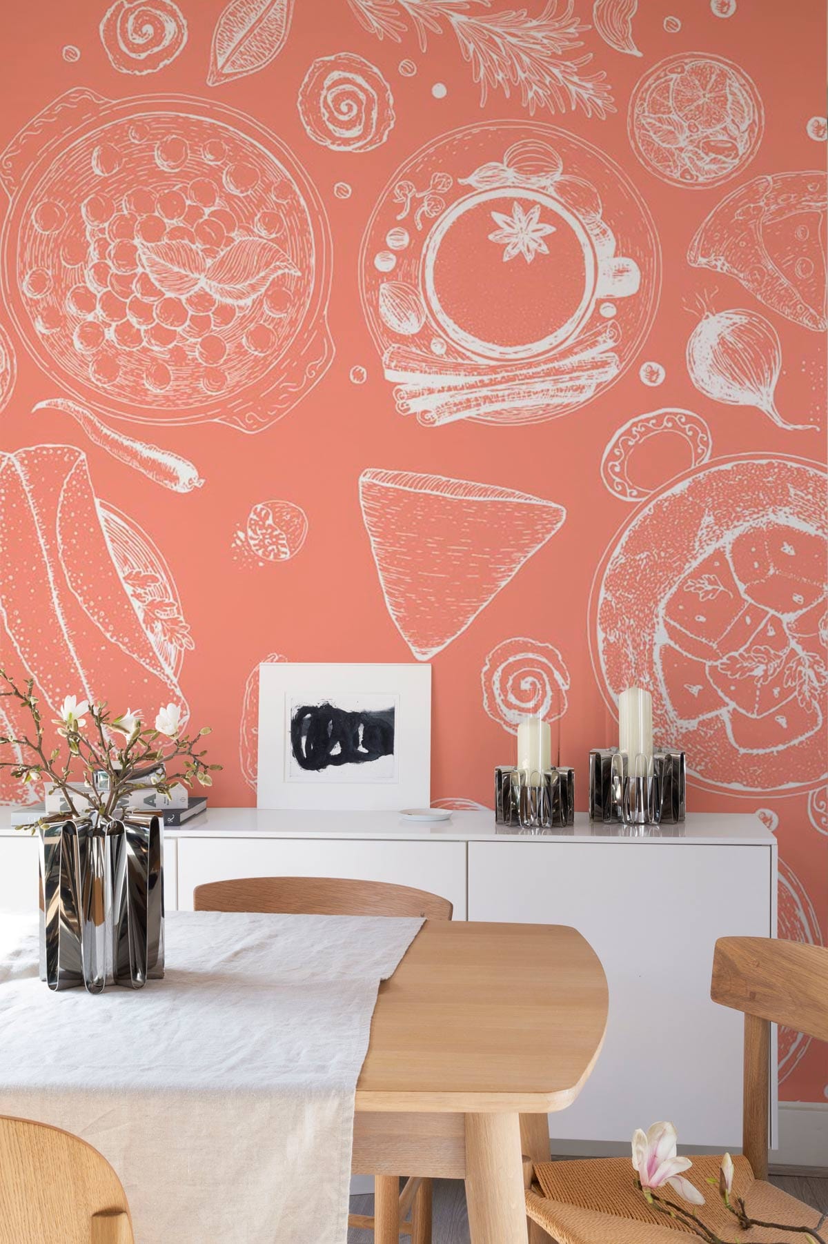 Rustic terracotta kitchen wallpaper mural, hand-drawn food pattern, light wood furniture, modern white sideboard.