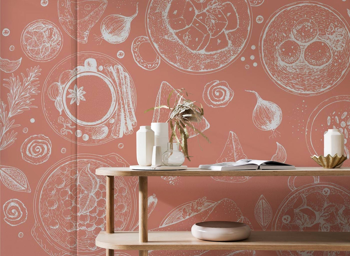 Rustic Terracotta Wallpaper Mural in dining room with wooden console table, minimalistic decor.