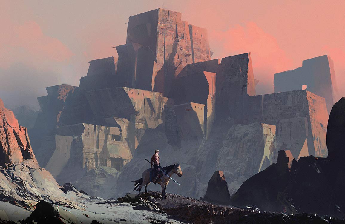 Mystical Sunset Fortress Mural Wallpaper - Epic Adventure Landscape in Soft Hues