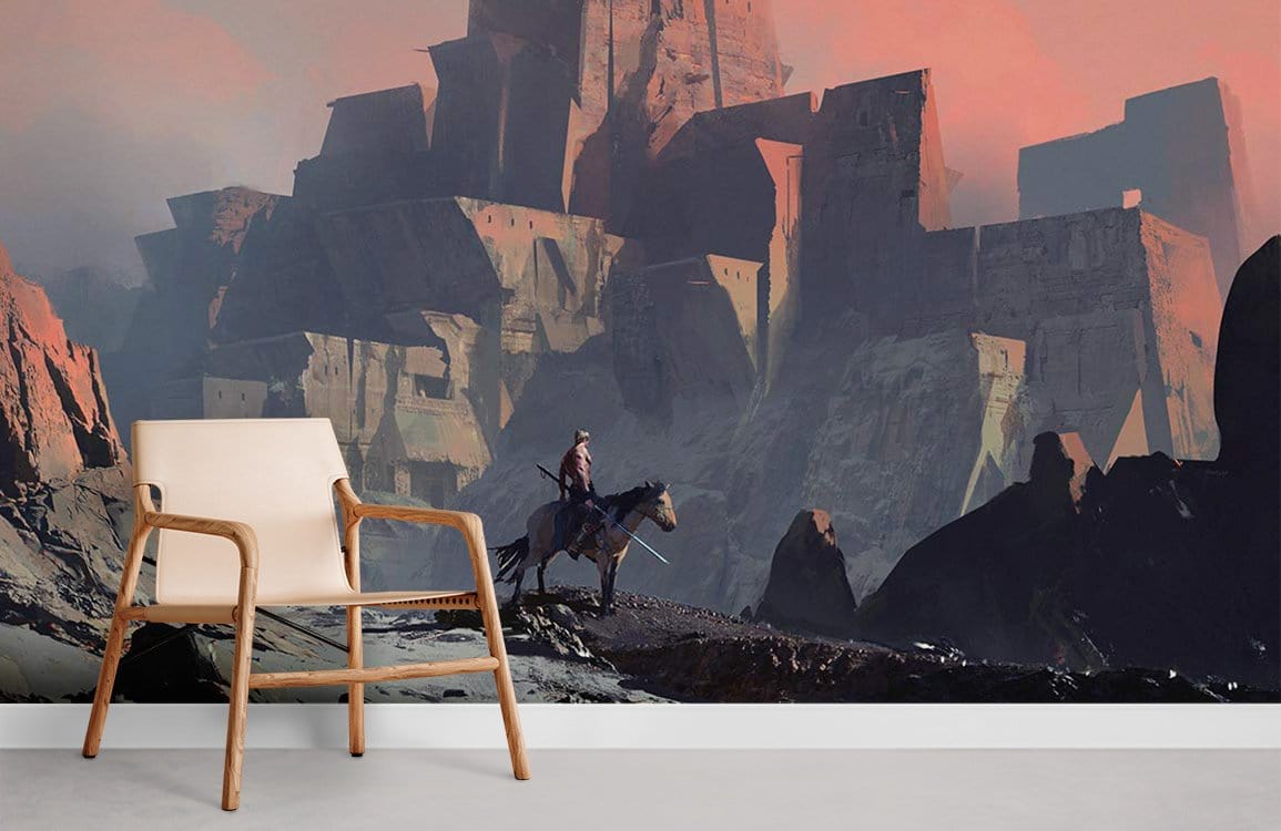 Mystical Sunset Fortress mural wallpaper, soft hues, adventure landscape, light wooden chair, minimalist room.