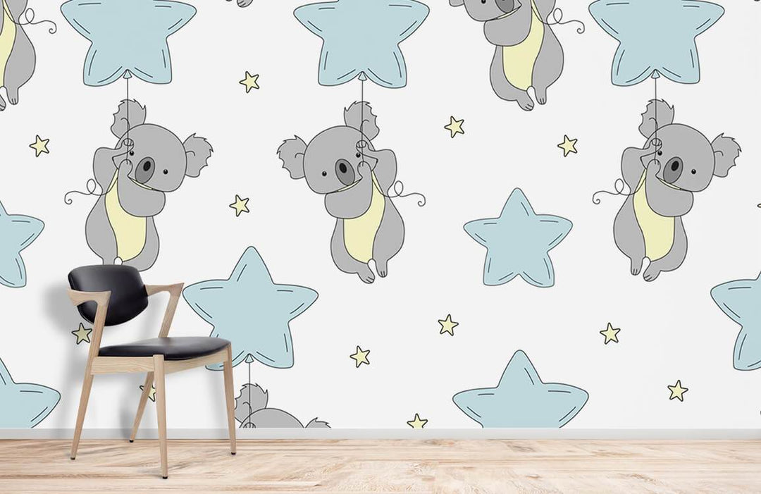 Grey Koala and Blue Star Nursery Wallpaper with modern chair on light wooden flooring. Children's room.