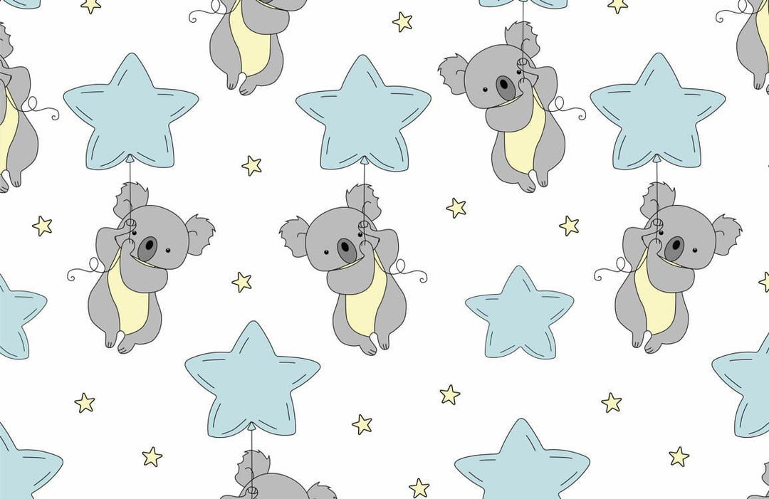 Grey Koala and Blue Star Children's Nursery Wallpaper - Cute Design