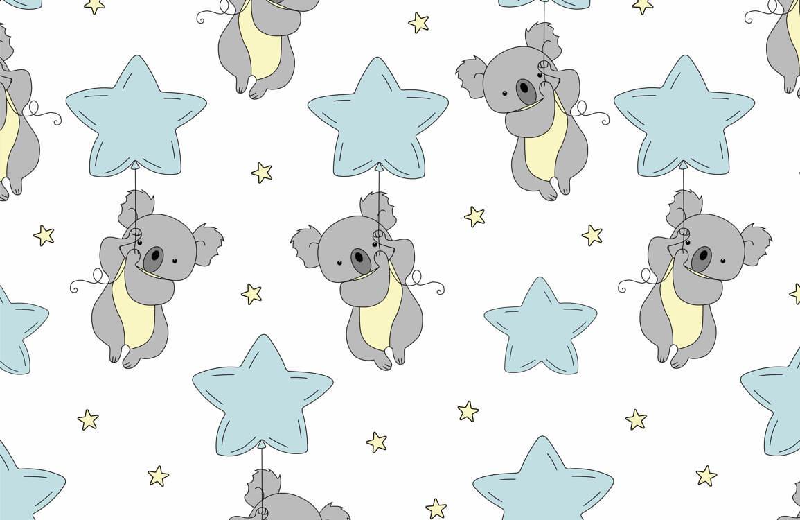 Grey Koala and Blue Star Children's Nursery Wallpaper - Cute Design
