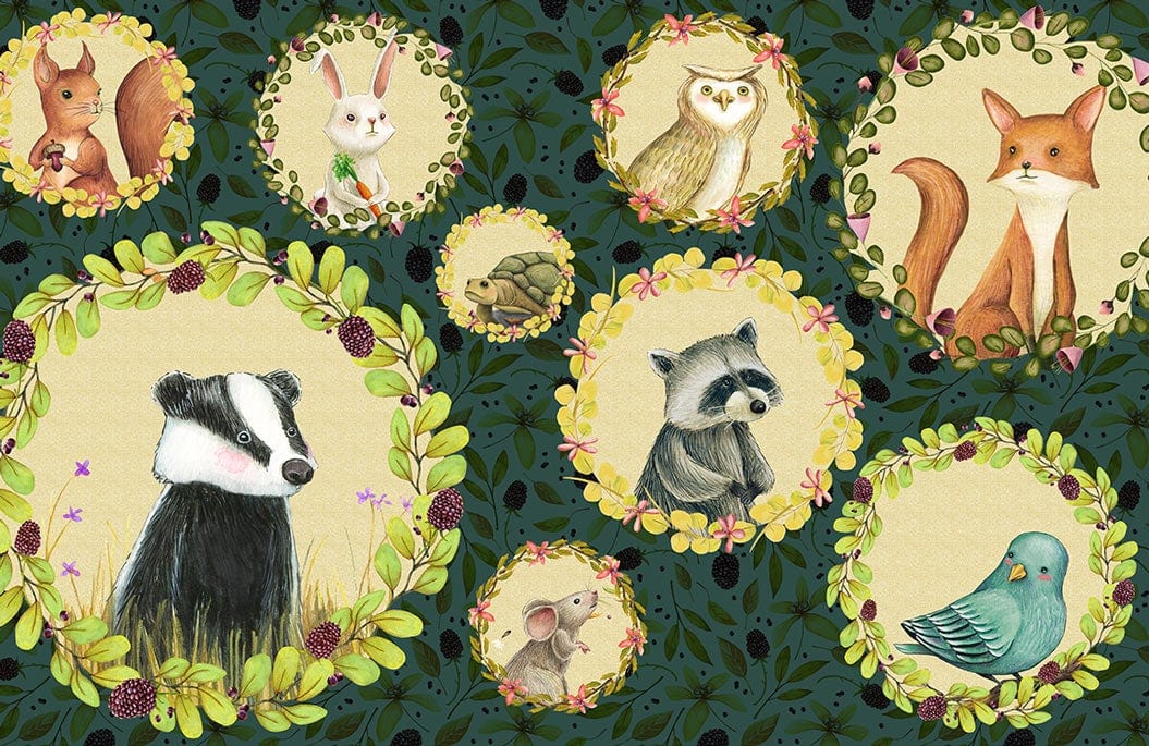 Whimsical Woodland Creatures Green Rustic Children's Bedroom Mural Wallpaper Décor