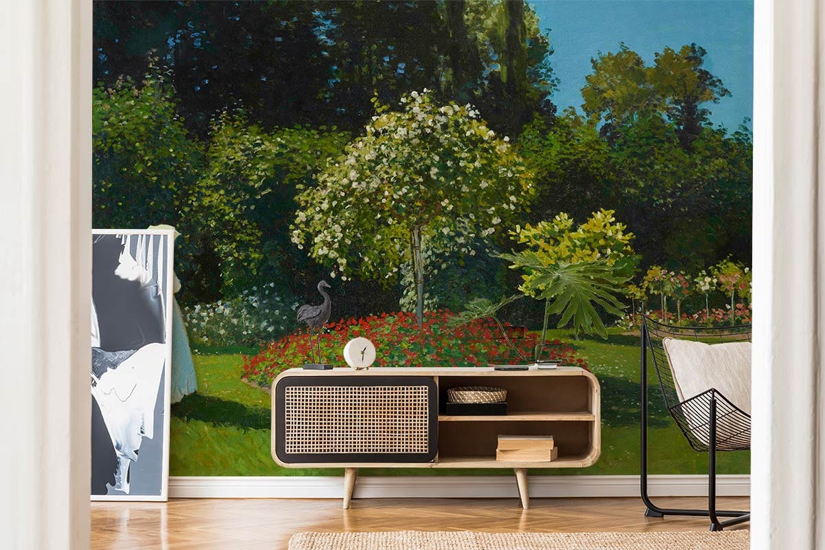 Elegant Victorian garden mural, lush green and serene blue, wood flooring, modern console, chic chair.