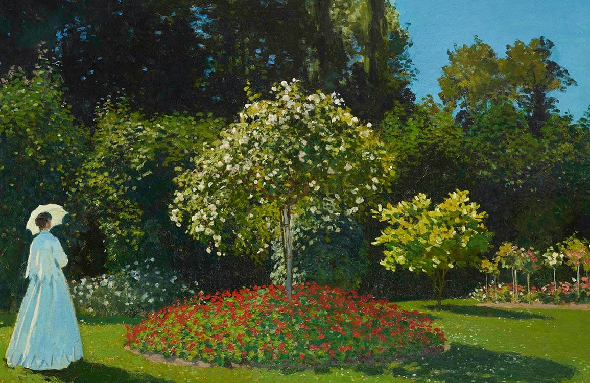 Elegant Victorian Garden Landscape Mural Wallpaper in Lush Green and Serene Blue
