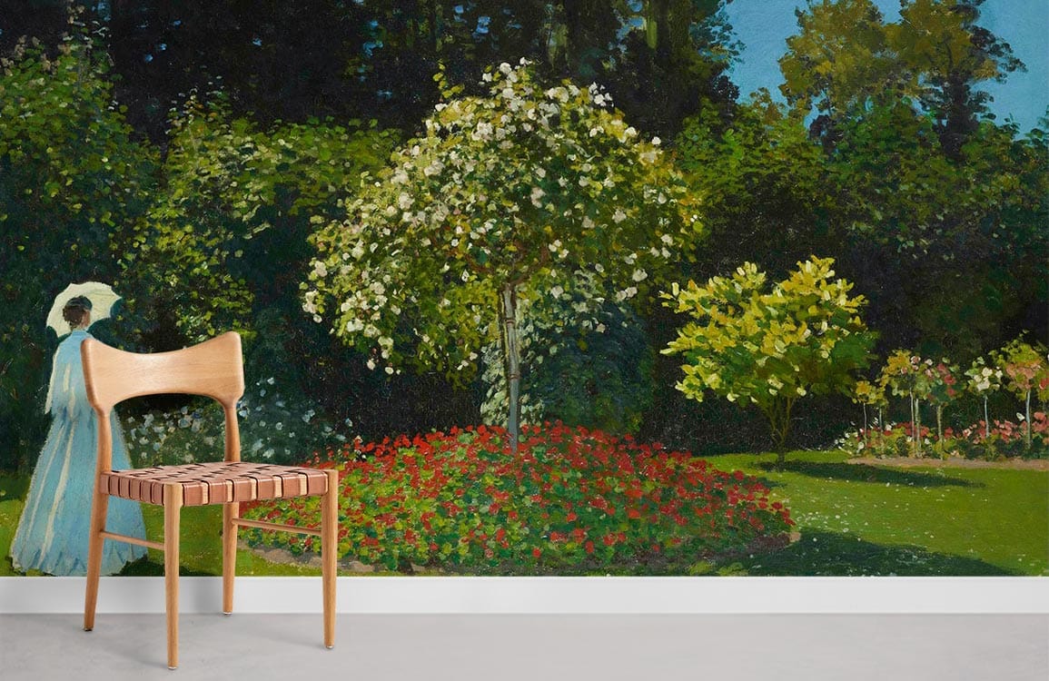 Elegant Victorian garden mural wallpaper, lush green and serene blue, with wooden chair, white wall.