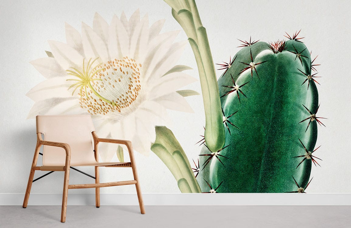 Vintage Botanical Cactus and White Flower Mural Wallpaper in Green with beige chair, grey floor.