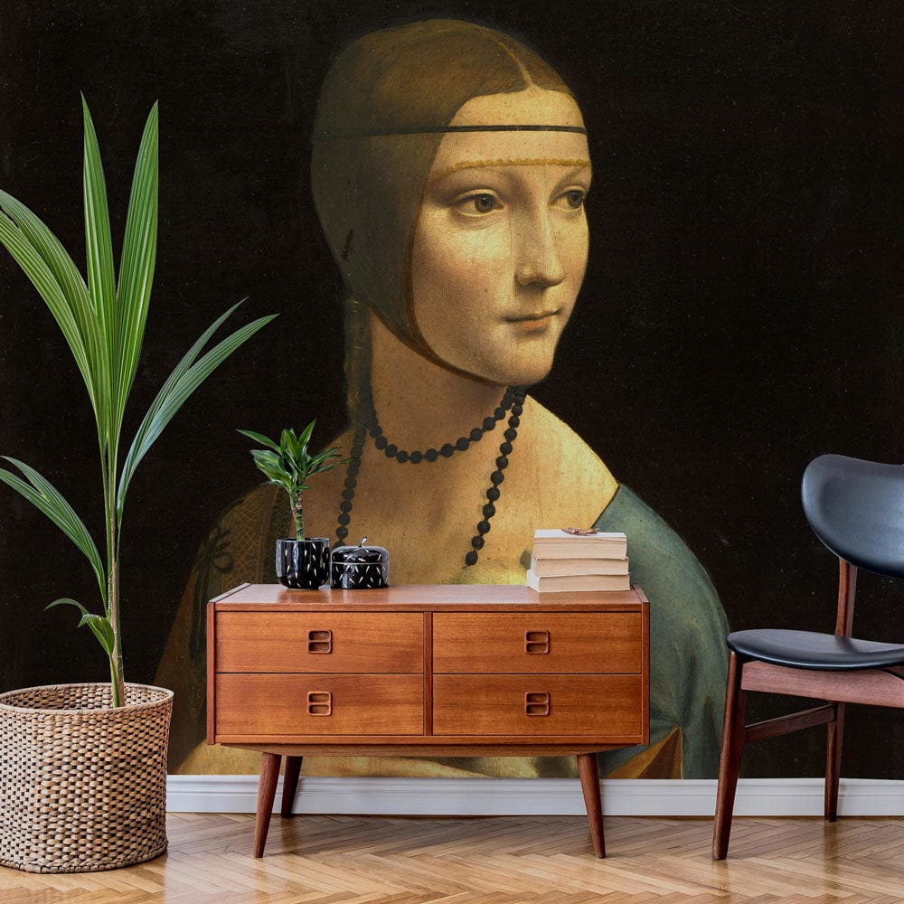 Renaissance style art wallpaper in earthy tones, featuring portrait. Wooden cabinet, parquet flooring, elegant room.