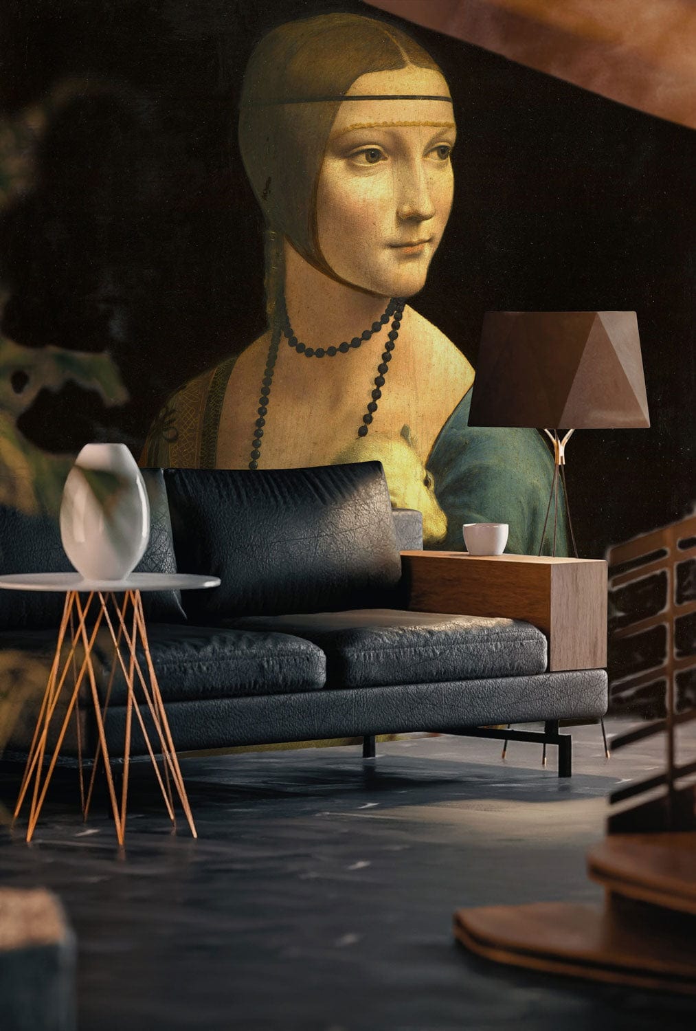 Renaissance style art wallpaper, classic earthy tones, dark leather sofa, wooden flooring, modern lamp.