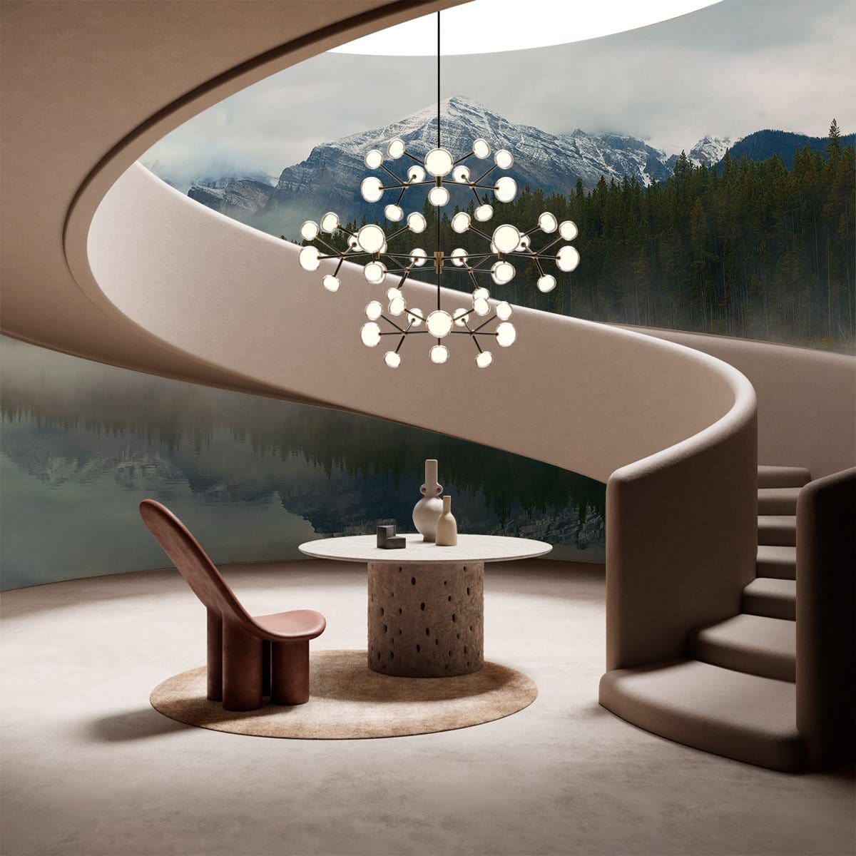Modern room with Serene Misty Mountain Lake mural wallpaper, curved staircase, unique chandelier, and earthy tones.