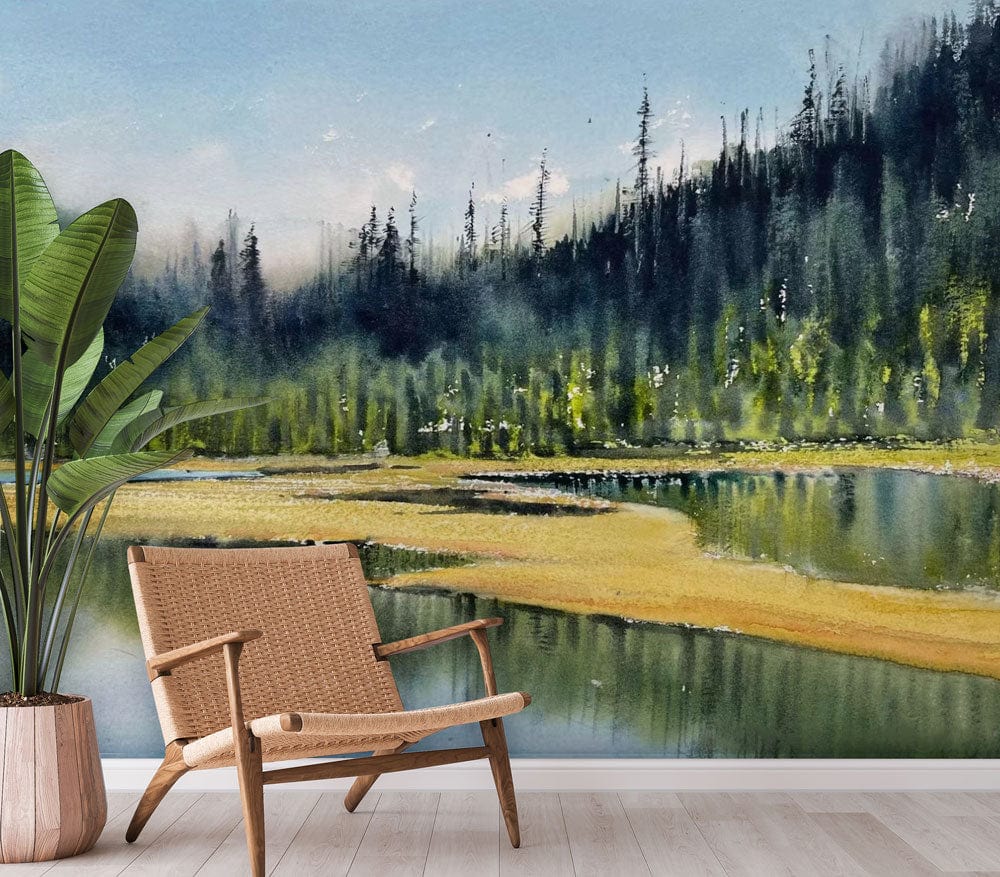 Tranquil Forest Lake Watercolour mural with wicker chair, light wooden flooring, and leafy plant in room.