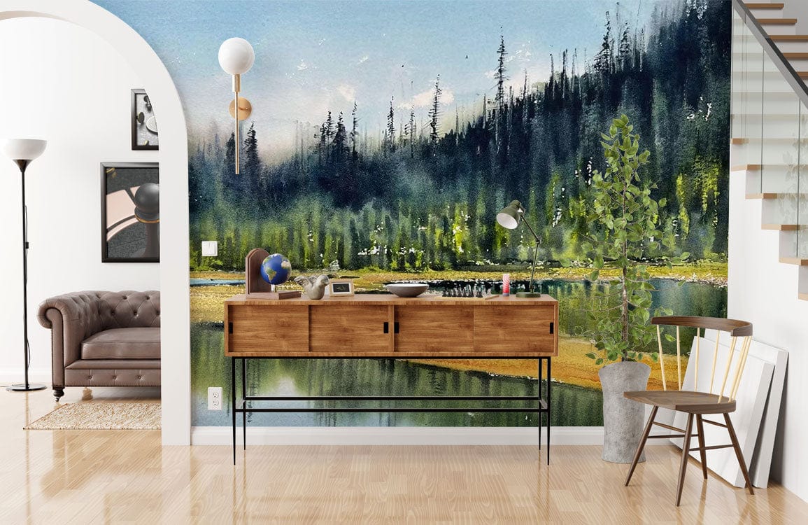 Tranquil forest mural in modern living room; brown sofa, wooden cabinet, light wooden flooring.