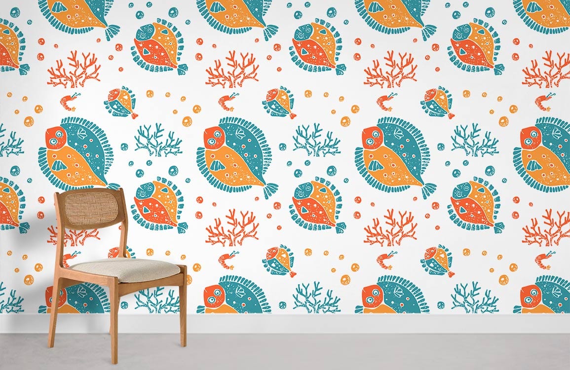 Vibrant Undersea Adventure Wallpaper with orange and blue fish; light wooden chair; neutral flooring.