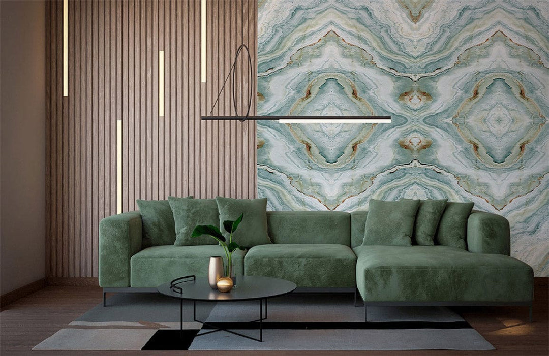 Elegant teal marble effect wall mural in modern living room with green sofa and wood panel accents.