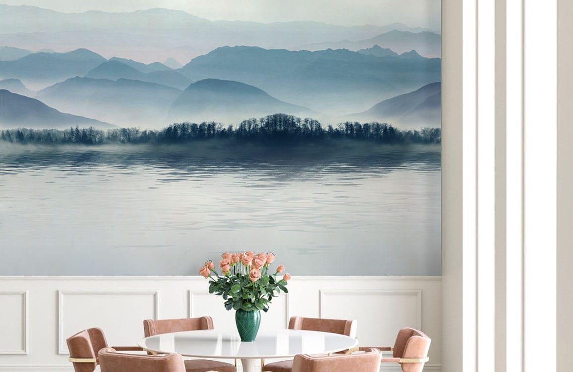 Serene Blue Misty Mountain Landscape Mural Wallpaper, elegant dining room with wooden chairs.