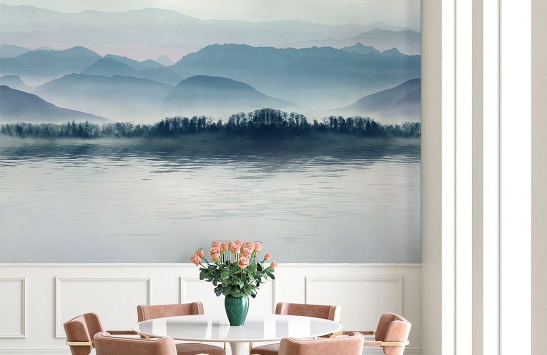 Serene Blue Misty Mountain Landscape Mural Wallpaper, elegant dining room with wooden chairs.