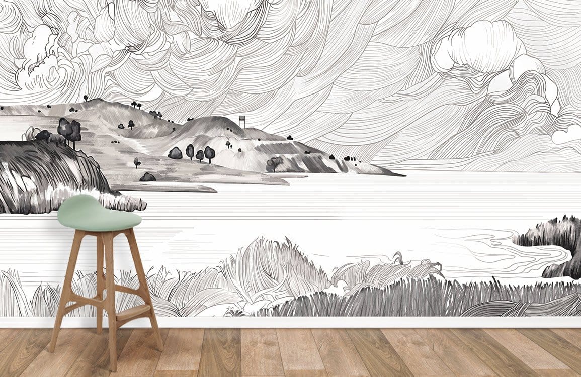 Monochrome coastal mural on living room wall, featuring artistic waves and hills; wooden flooring, stool included.