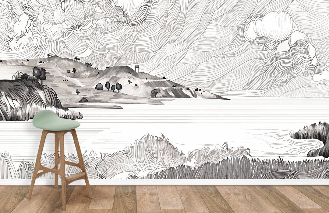 Monochrome coastal mural on living room wall, featuring artistic waves and hills; wooden flooring, stool included.