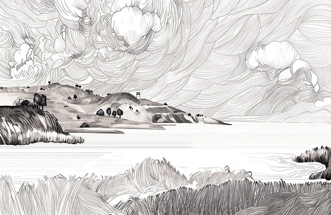 Monochrome Coastal Landscape Mural Wallpaper - Artistic Waves and Hills Design