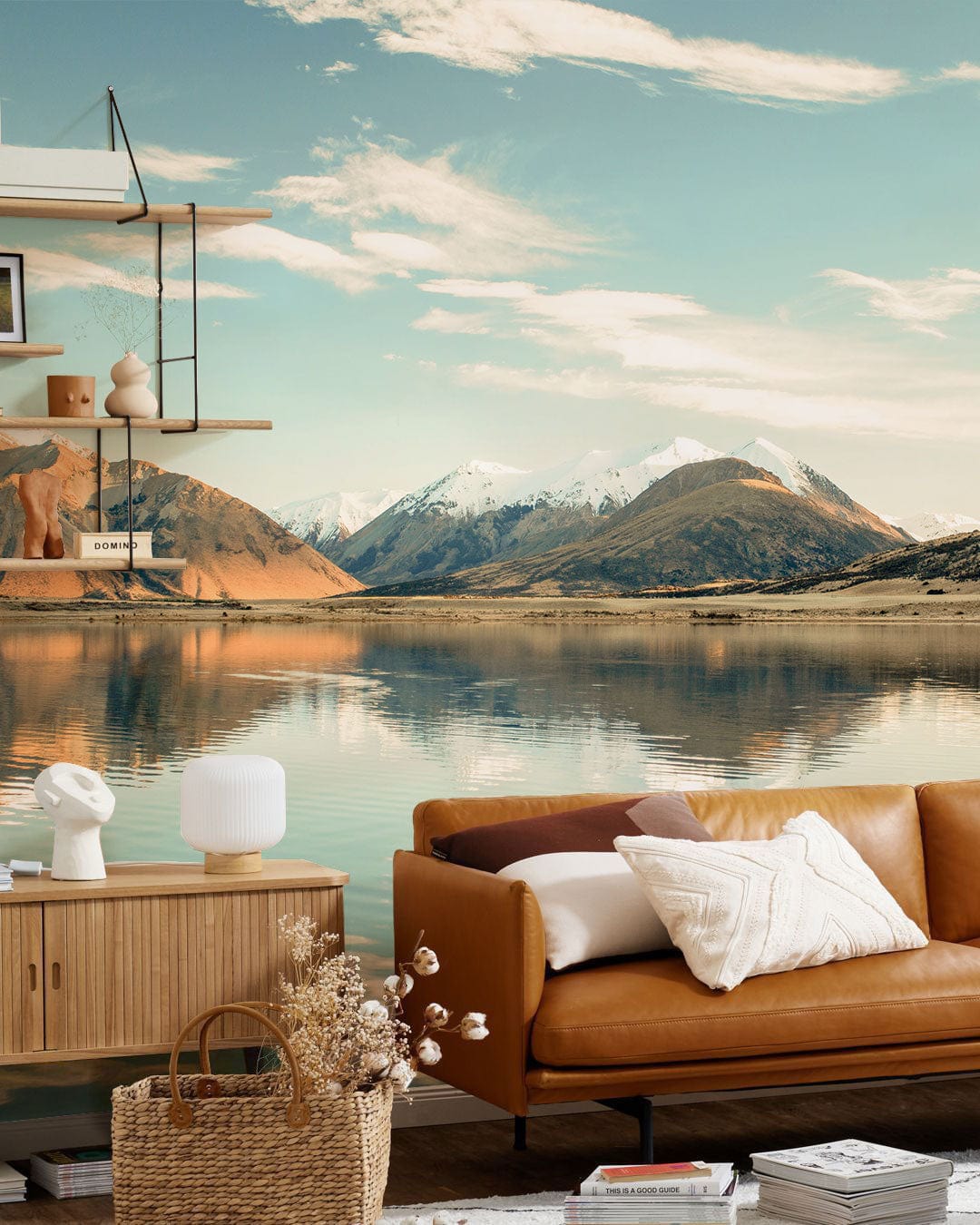 Tranquil Mountain Lake Mural Wallpaper in Serene Earthy Tones Scenic Design