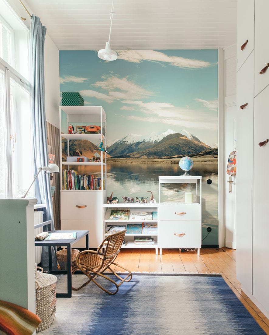 Tranquil Mountain Lake Mural Wallpaper in Serene Earthy Tones Scenic Design