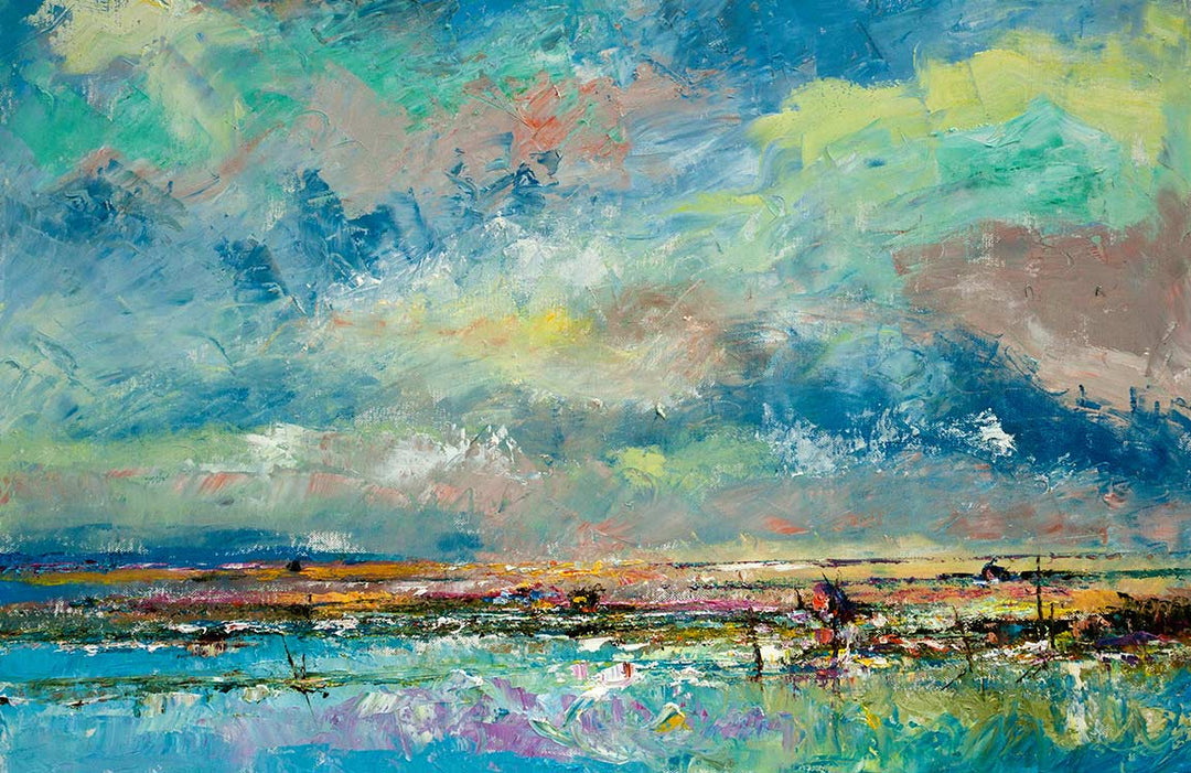 Abstract Coastal Landscape Mural Wallpaper in Vibrant Blue and Green Hues