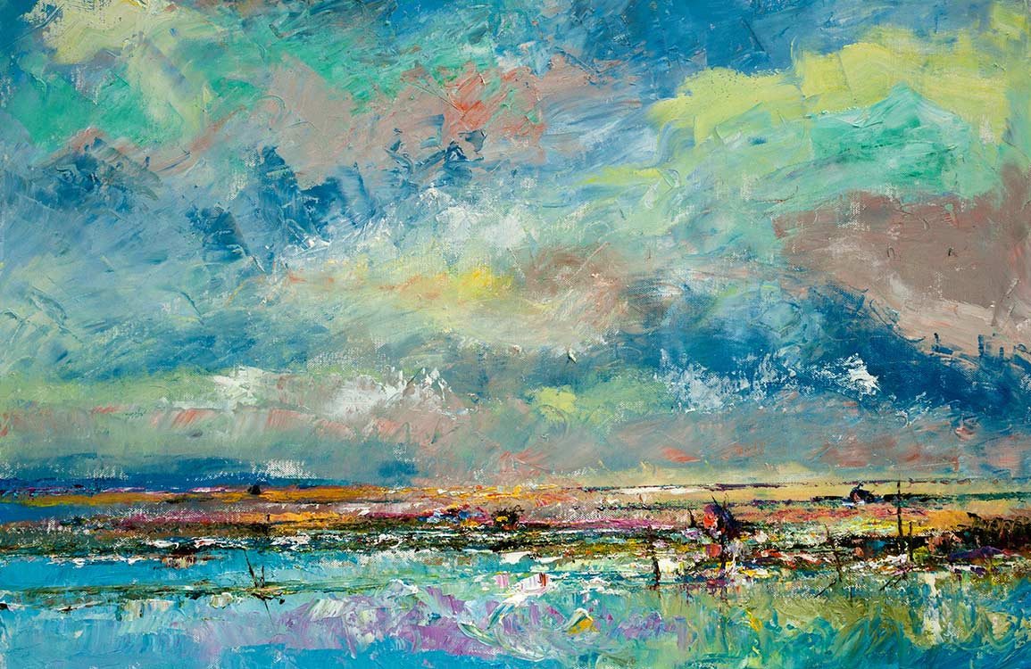 Abstract Coastal Landscape Mural Wallpaper in Vibrant Blue and Green Hues