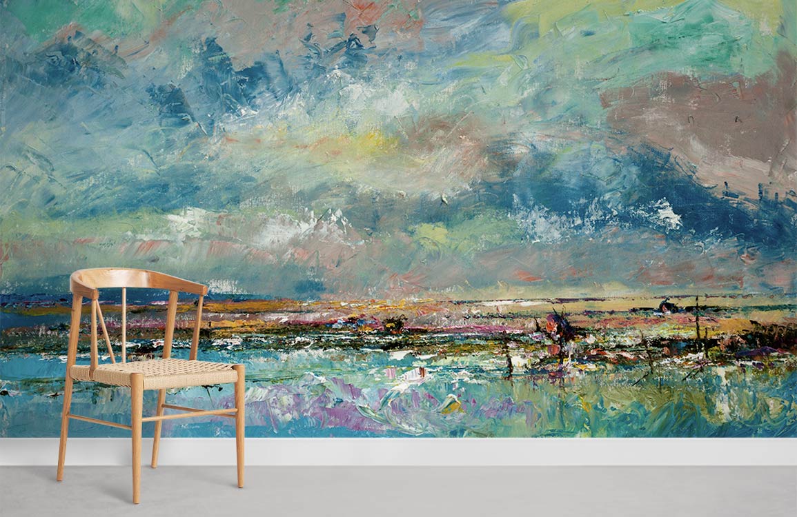 Abstract Coastal Landscape Mural Wallpaper in vibrant hues, featuring wooden chair, concrete flooring.