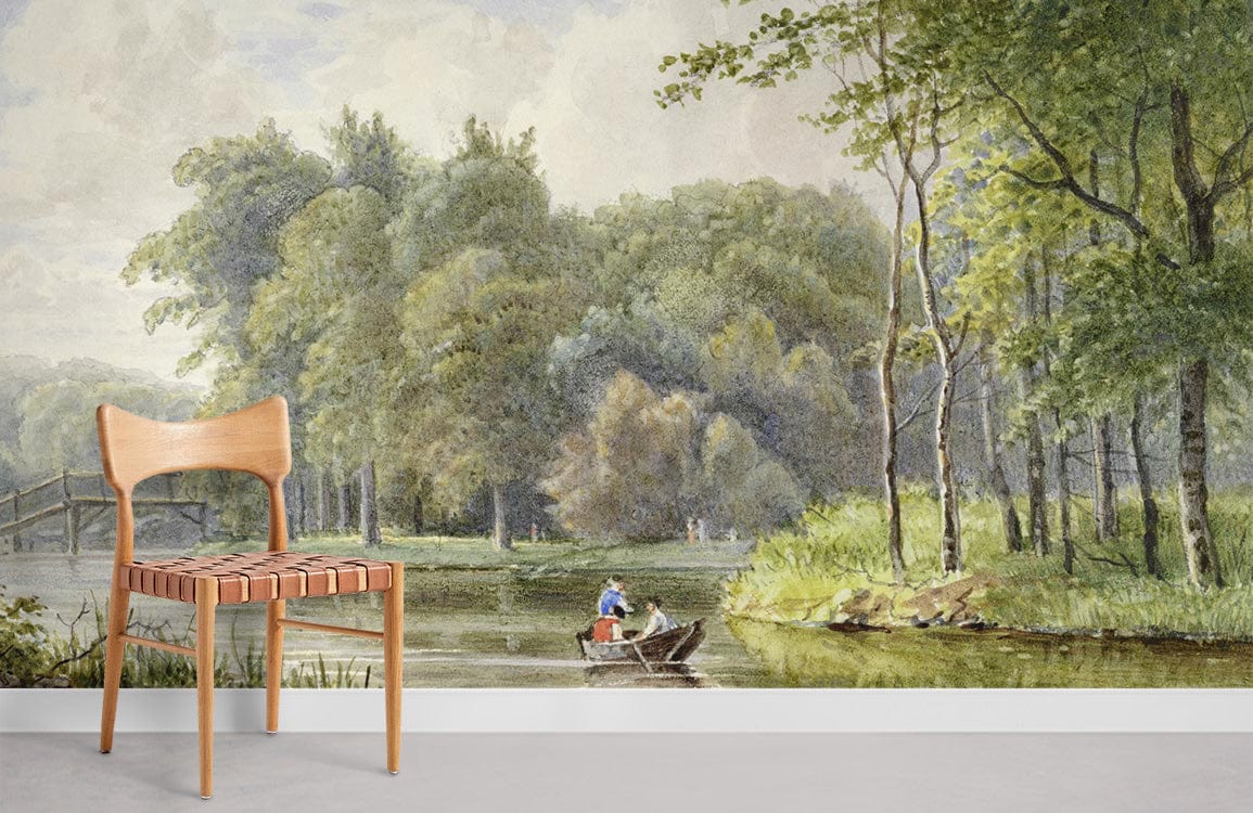 Tranquil riverside mural wallpaper with lush green forest scene, wooden chair, grey floor in room.