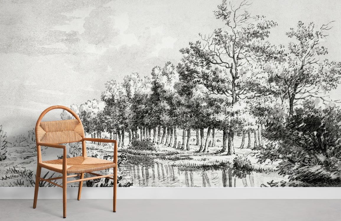 Vintage Monochrome Woodland Scene Wallpaper in lounge with rattan chair and minimalist decor.