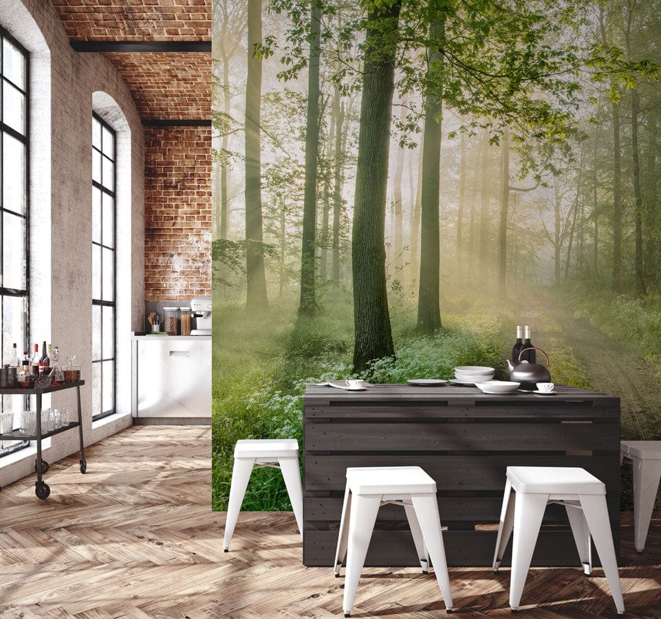 Enchanted Green Forest Sunlit Path mural wallpaper, brick wall, parquet flooring, black dining set, industrial kitchen.