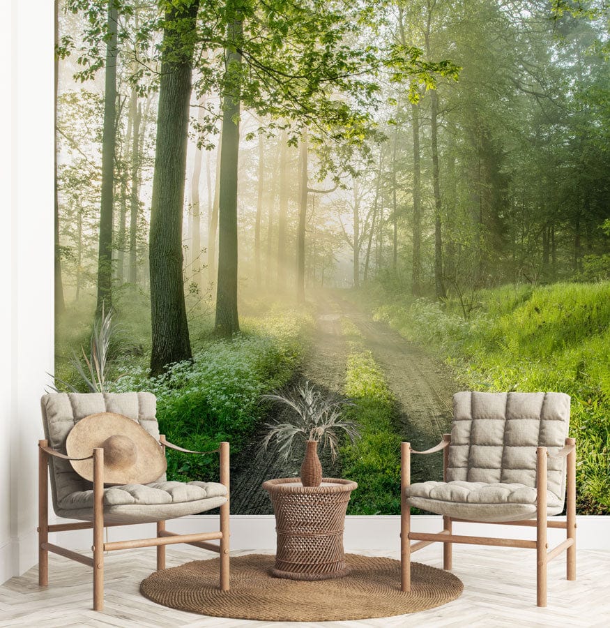Enchanted Green Forest Mural in room with beige chairs, woven table, light wood flooring.