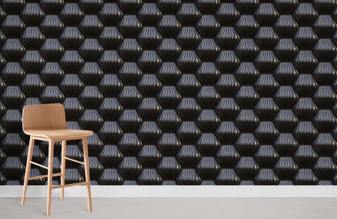 Elegant black geometric pattern wallpaper complements light wooden chair, minimalistic modern interior design.