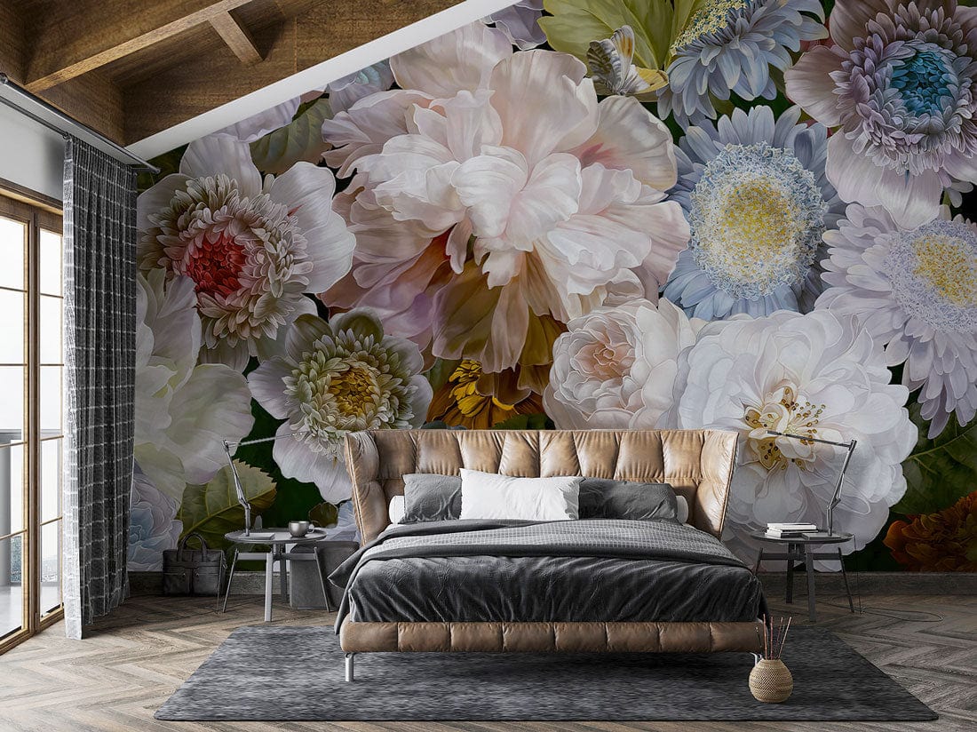 Elegant Pastel Bloom Floral Mural Wallpaper in bedroom with wooden ceiling, grey rug, and leather bed.