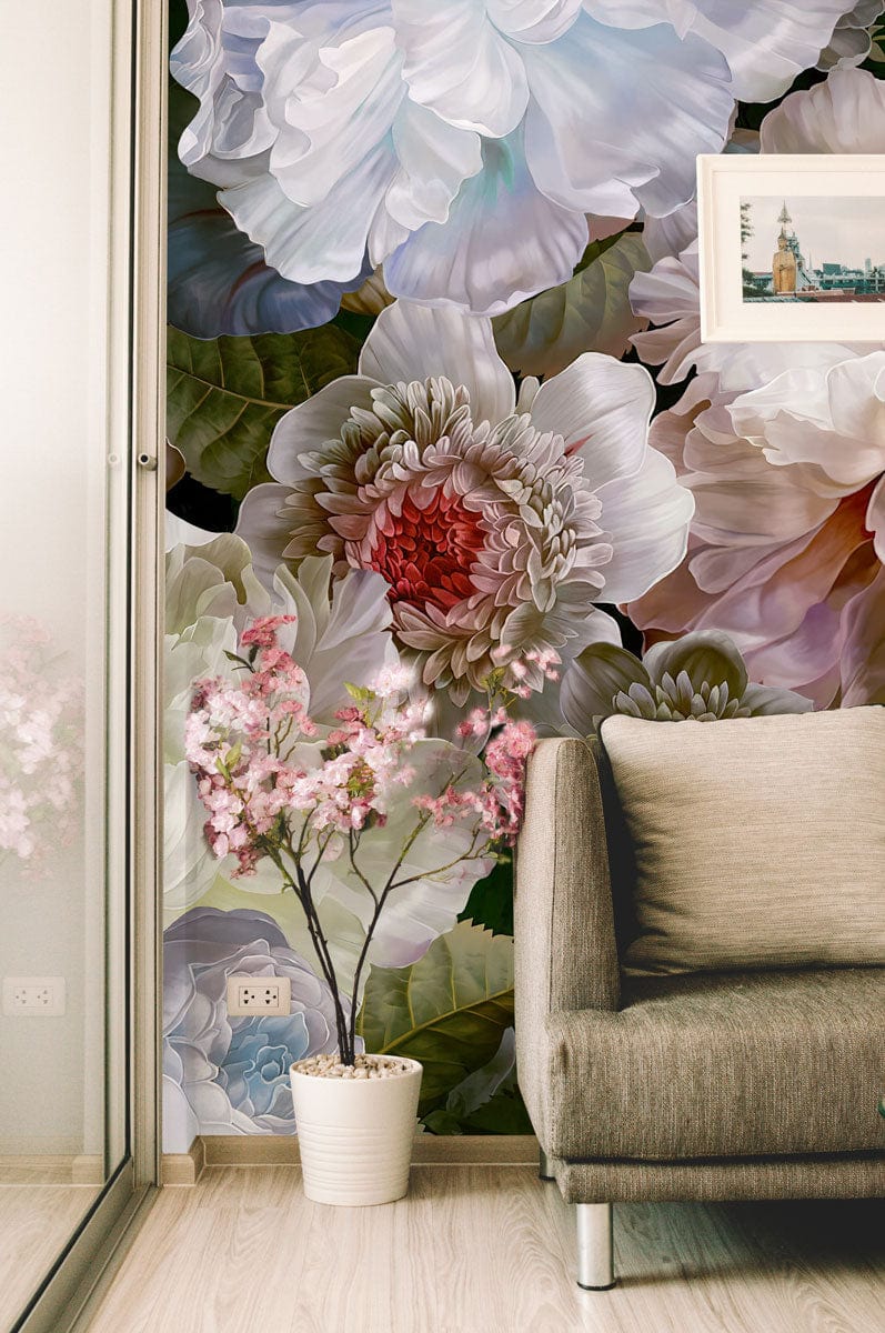 Elegant Pastel Bloom Floral Mural Wallpaper with grey sofa, wooden flooring, and vibrant botanical design.