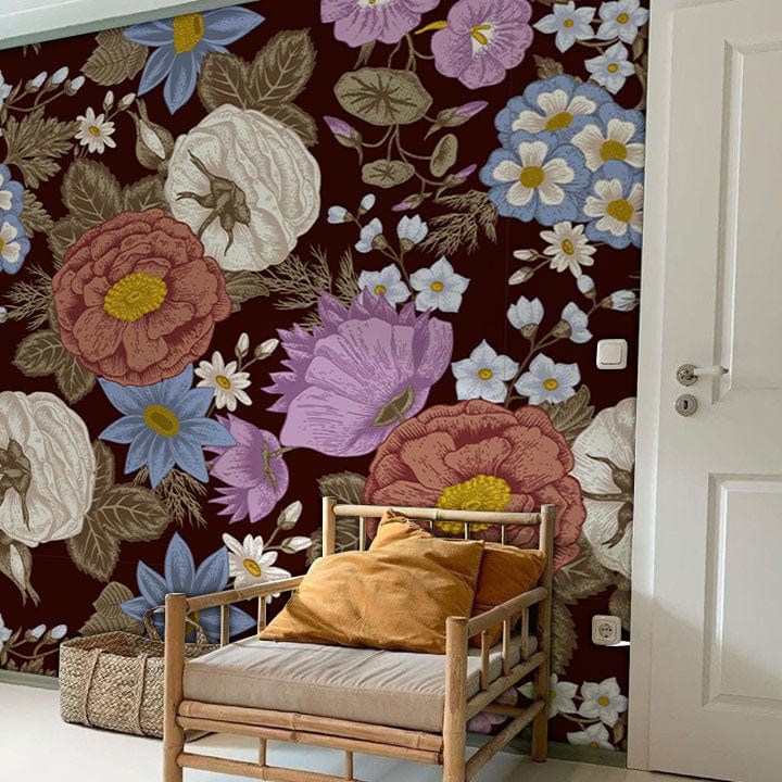 Vintage Floral Delight wallpaper, dark brown botanical pattern with elegant floral designs, bamboo sofa, cosy room.