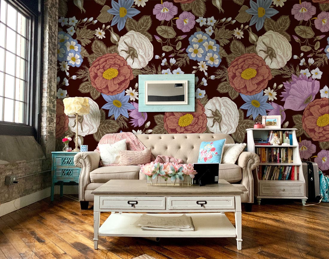 Vintage Floral Delight wallpaper in elegant living room with beige sofa, rustic flooring, and classic decor.