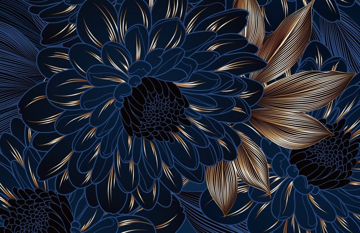 Elegant Midnight Blue Floral Wallpaper with Gold Accents - Luxurious Style